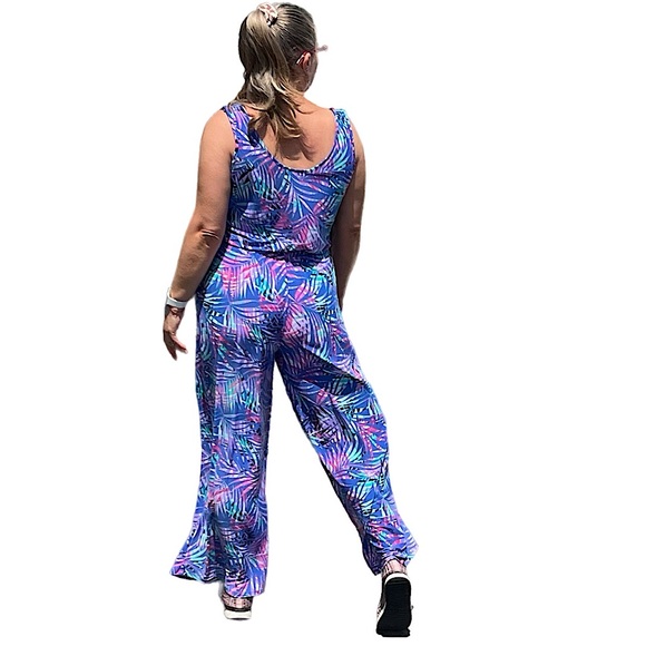 Pappagallo The Alex Royal Multi Palm Print Sleeveless Jumpsuit size Large - Picture 3 of 6